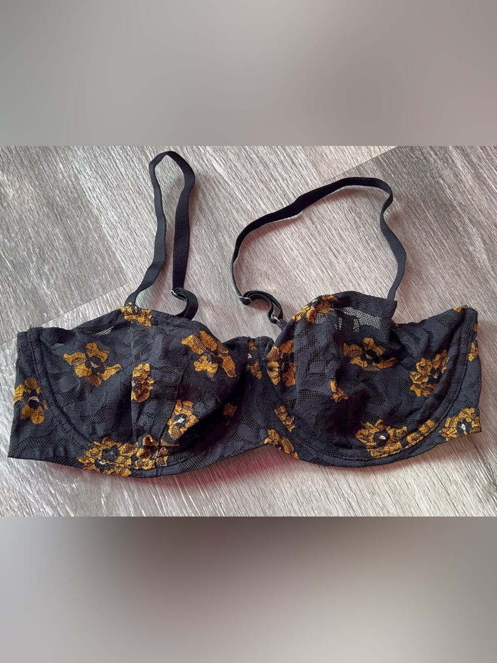 Savage X Fenty Black Lace Underwire Bra with Gold Floral Accents